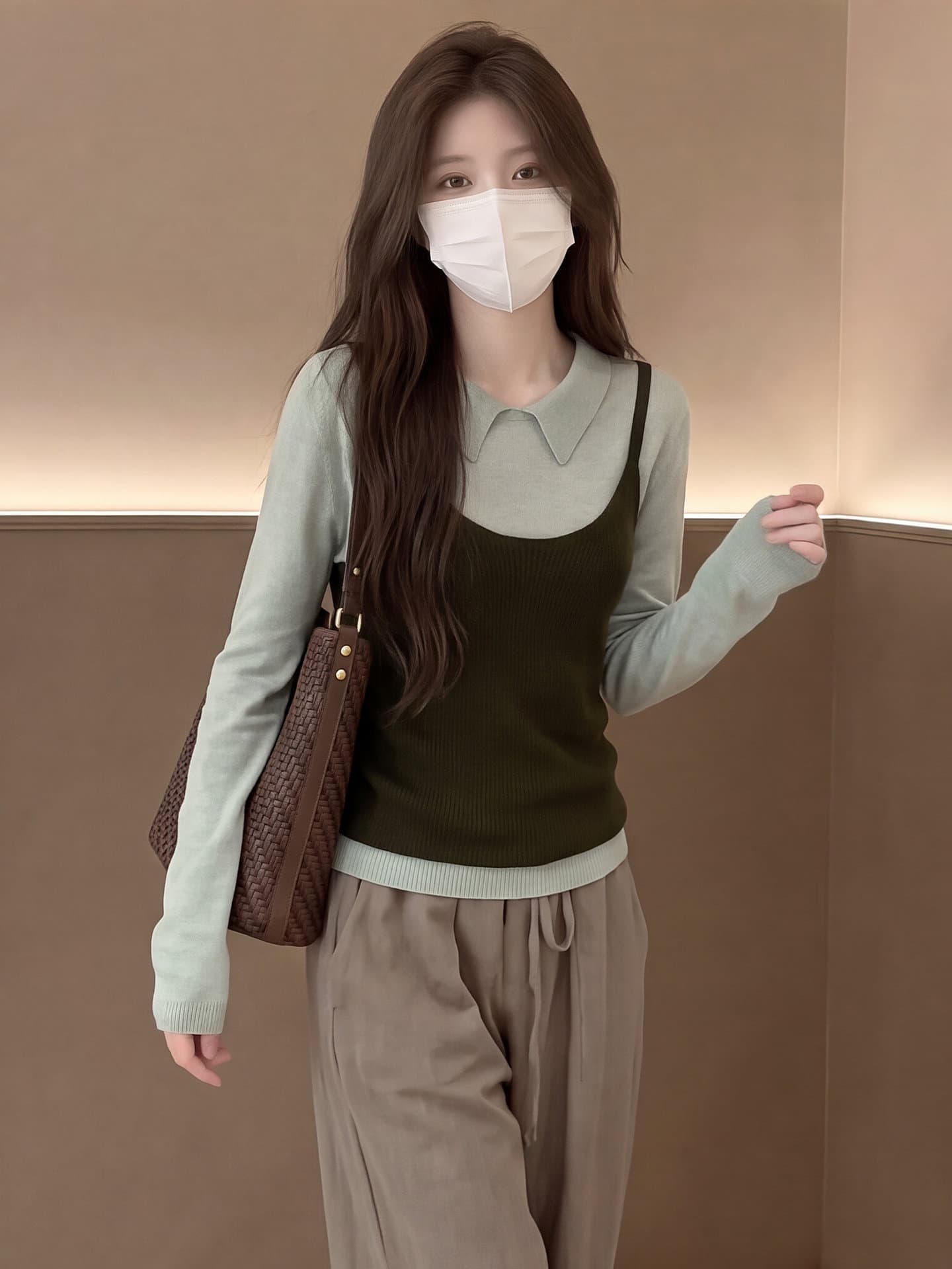 있음 도착 이른 가을 한 부서 레트로 투피스 세트 니트 스웨터 캐미솔 세트 여성 상세 이미지 13