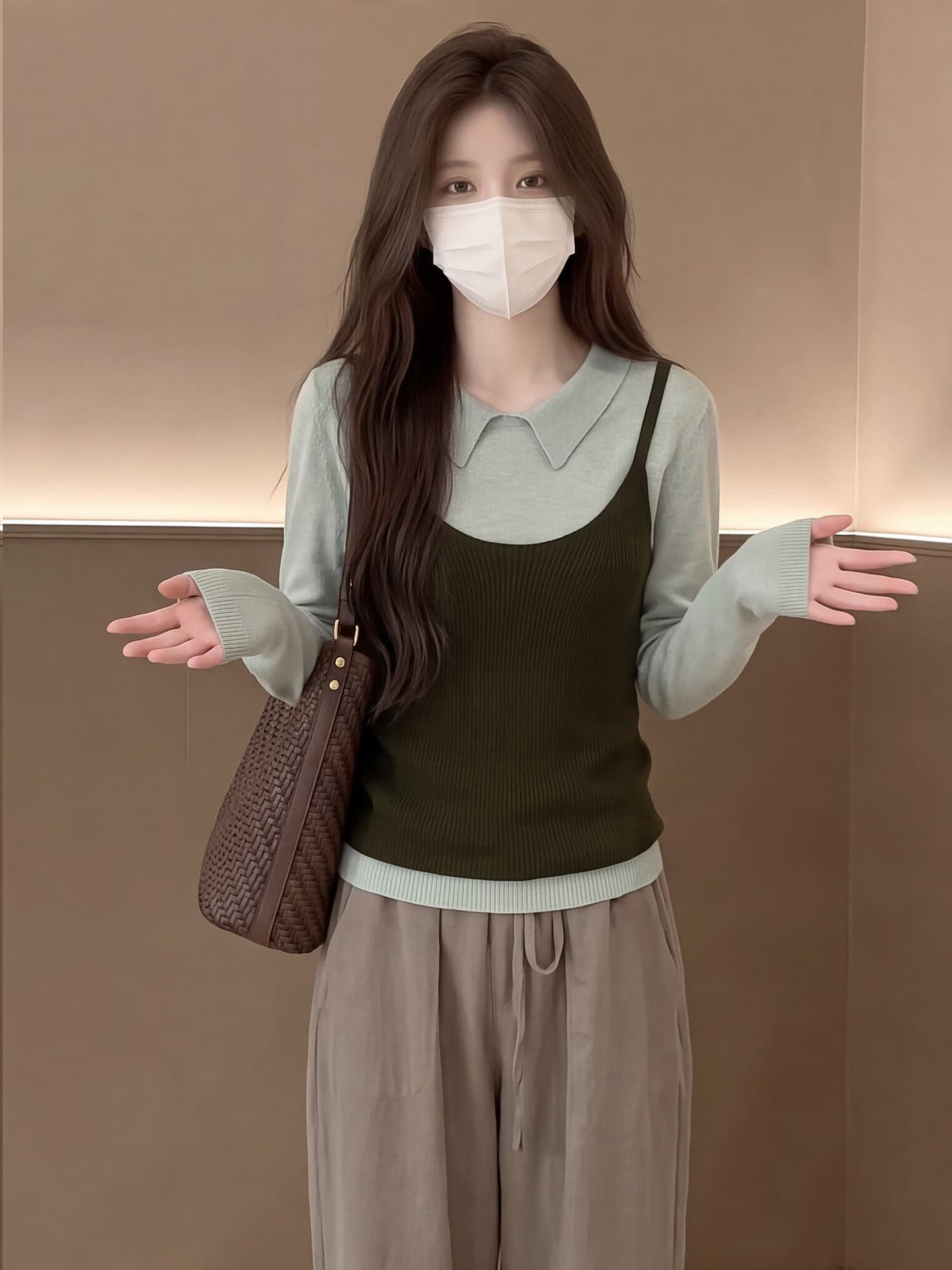있음 도착 이른 가을 한 부서 레트로 투피스 세트 니트 스웨터 캐미솔 세트 여성 상세 이미지 14
