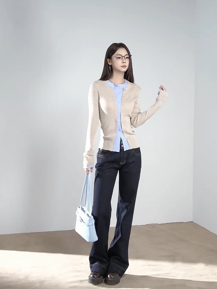 있음 도착 이른 가을 부서 계층의 감각 몸매 가꾸기 맨위 여성 페이크 레이어드 패치워크 색상 양모 니트 오픈 가디건 이미지 5