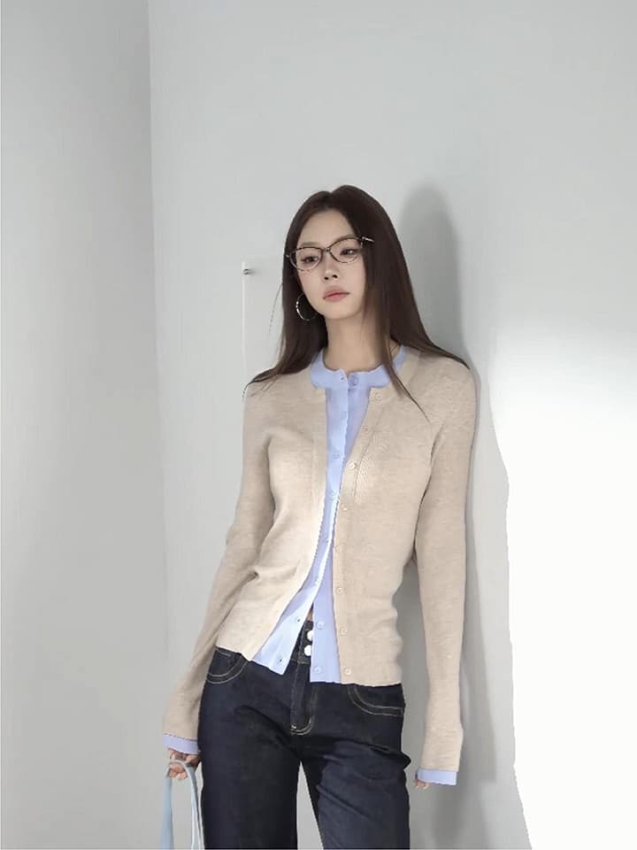있음 도착 이른 가을 부서 계층의 감각 몸매 가꾸기 맨위 여성 페이크 레이어드 패치워크 색상 양모 니트 오픈 가디건 상세 이미지 7
