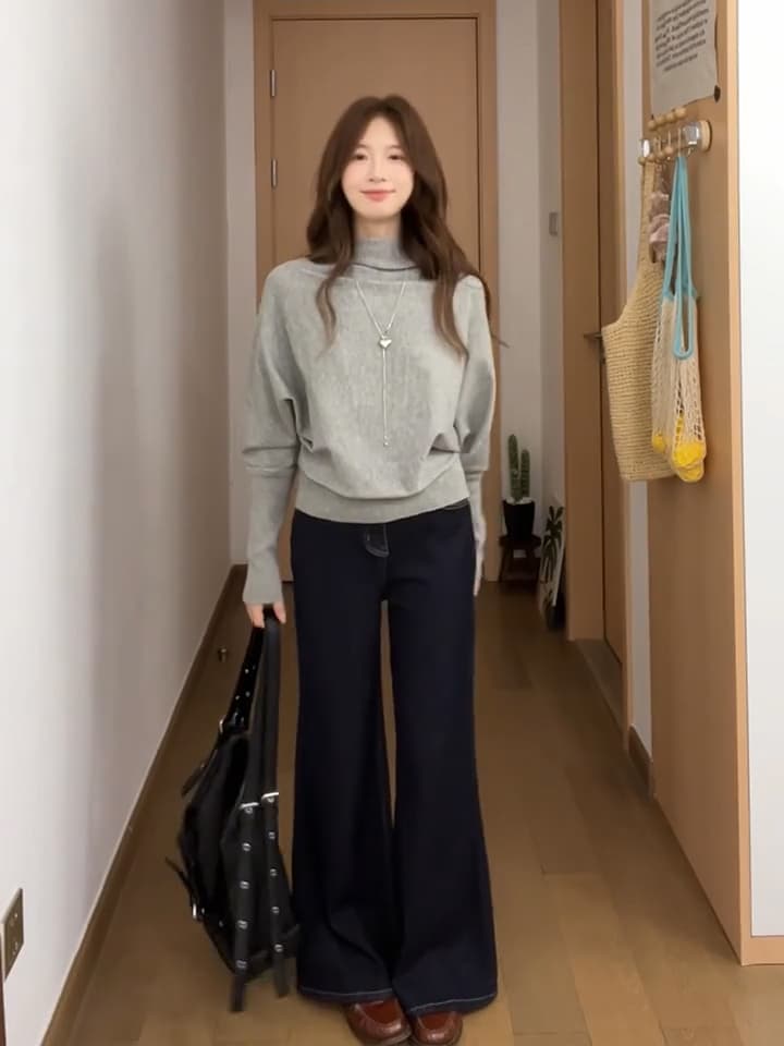 있음 도착 회색 반하이넥 배트윙 소매 풀오버 스웨터 여자 가을 디자인 센스 루즈핏 맨위 상세 이미지 4
