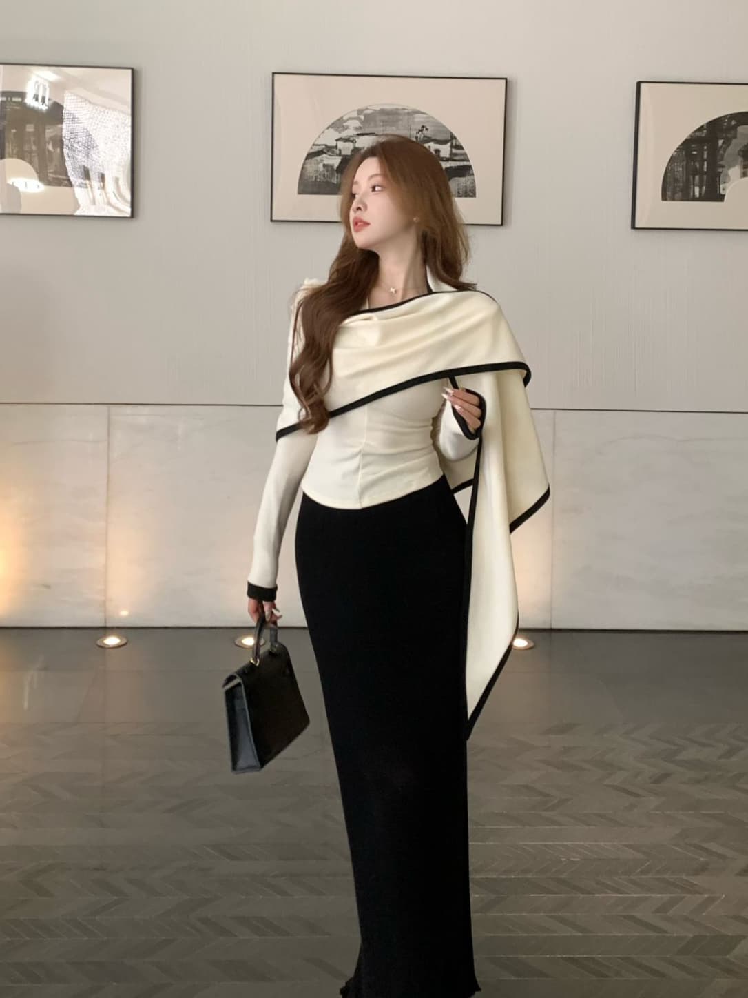 있음 도착 한 부서 품격 사실 두 조각 슬림해 보이는 긴팔 니트 스웨터 맨위 삼각형 숄 디자인 센스 세트 가을 상세 이미지 4