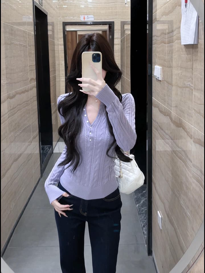 있음 도착 라일락 꽃 봄 가을 프랑스식 부드러운 품격 패션 다용도 슬림해 보이는 맨위 여성 가을 새로운 상세 이미지 8