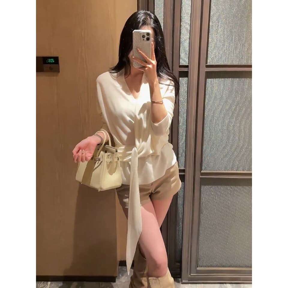 있음 도착 다양한 착용 법 프랑스식 십자가 니트 맨위 품격 부드러운 밴딩 신축성 다용도 여성 이른 가을 상세 이미지 4