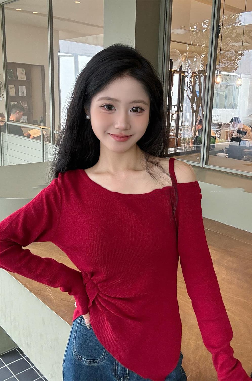 있음 도착 작은 키 이른 가을 고급 센스 비스듬한 칼라 오프숄더 긴팔 맨위 여성 이른 가을 이미지 3