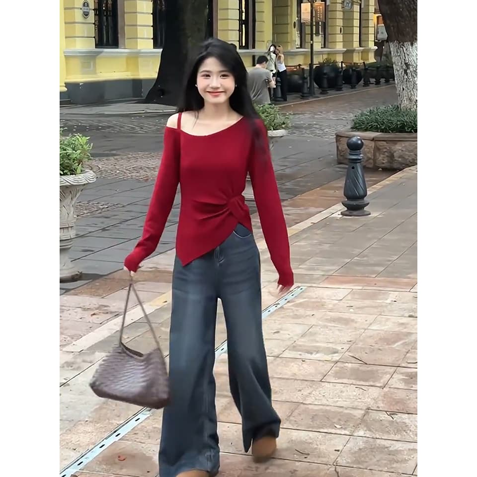 있음 도착 작은 키 이른 가을 고급 센스 비스듬한 칼라 오프숄더 긴팔 맨위 여성 이른 가을 이미지 6