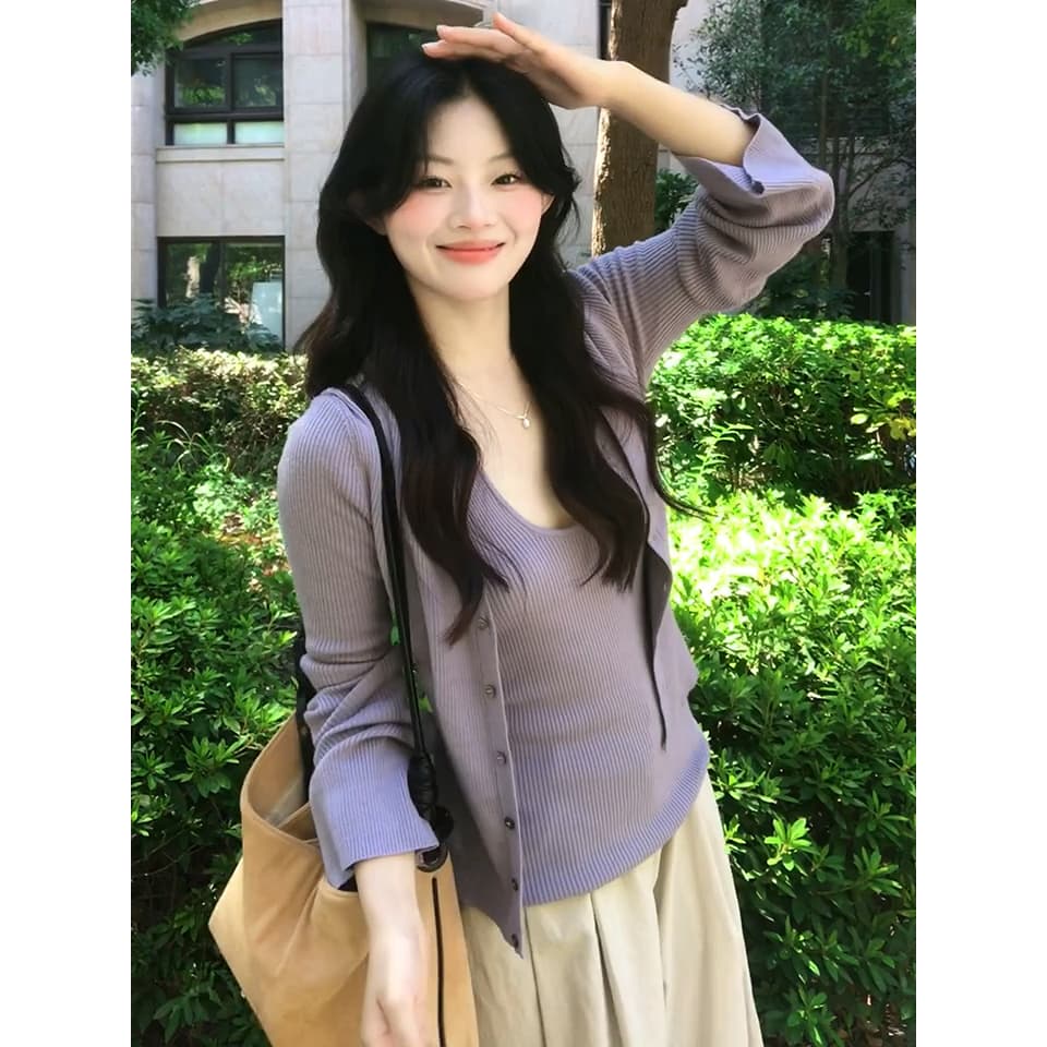 있음 도착 가을 니트 카디건 코트 여성 긴 소매 얇은 스타일 행침 목 조끼 보라색 디자인 센스 투피스 세트 상세 이미지 1