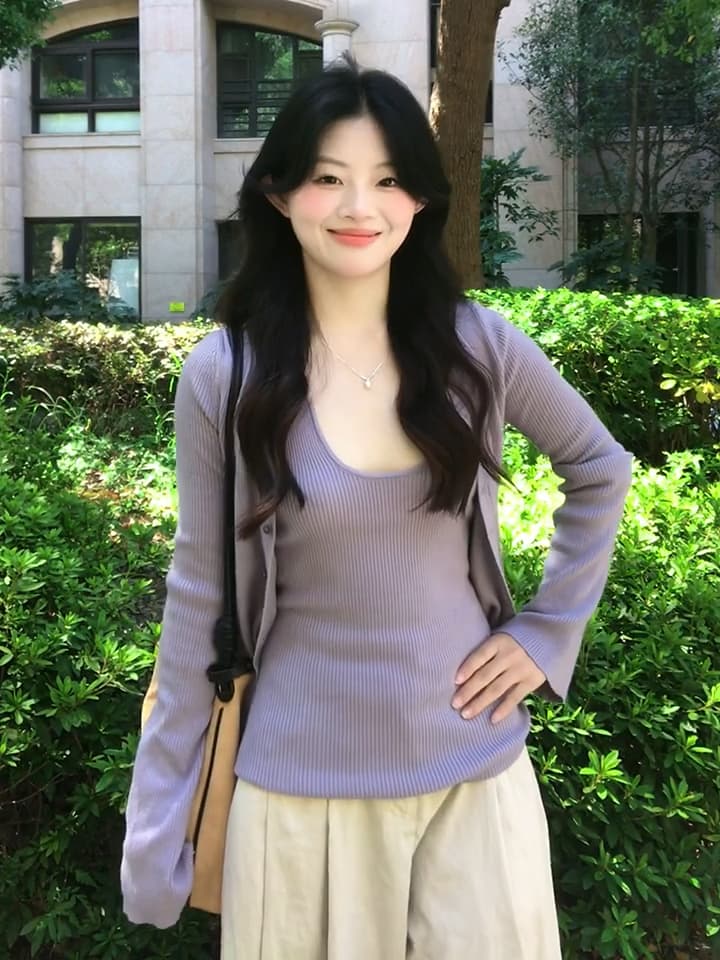 있음 도착 가을 니트 카디건 코트 여성 긴 소매 얇은 스타일 행침 목 조끼 보라색 디자인 센스 투피스 세트 상세 이미지 7