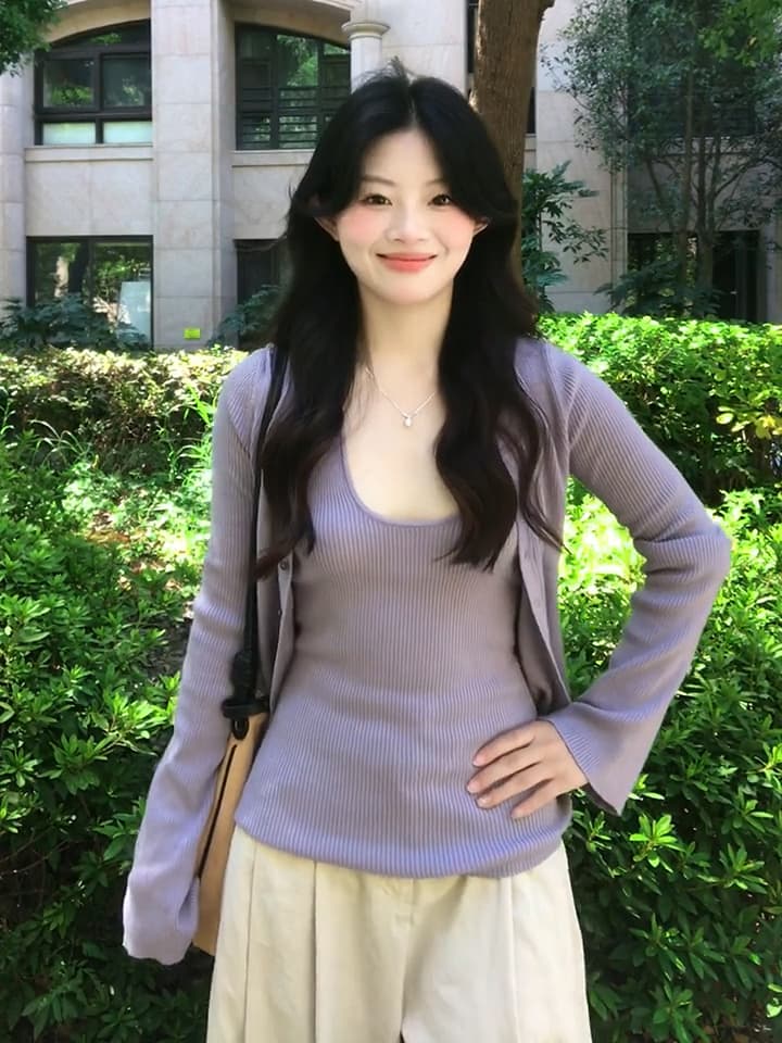 있음 도착 가을 니트 카디건 코트 여성 긴 소매 얇은 스타일 행침 목 조끼 보라색 디자인 센스 투피스 세트 상세 이미지 8