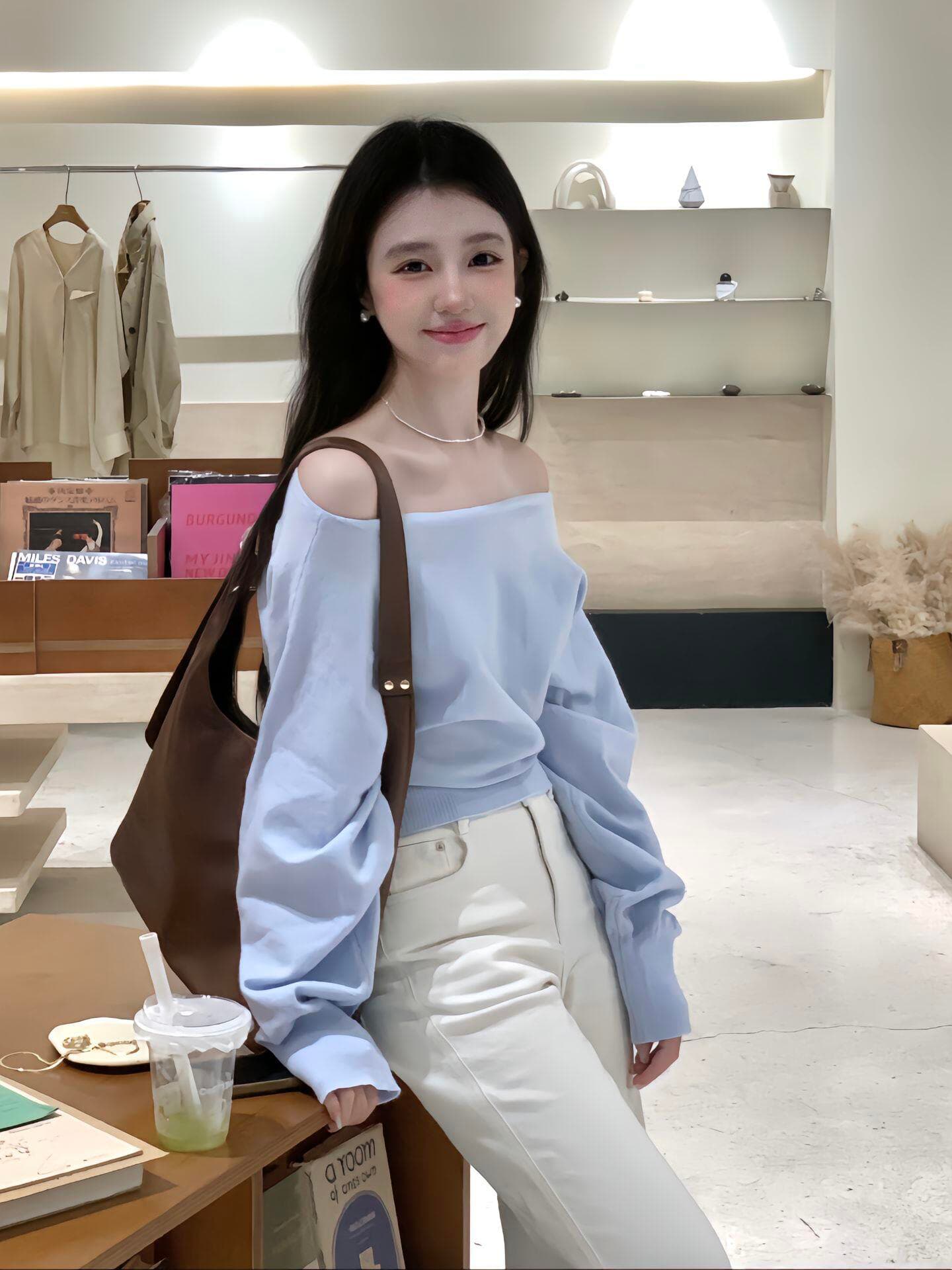 있음 도착 프랑스식 하늘색 오프숄더 니트 긴 소매 맨위 여성 봄 디자인 센스 외부 가져 가라. 얇은 스타일 여성 가을 상세 이미지 8