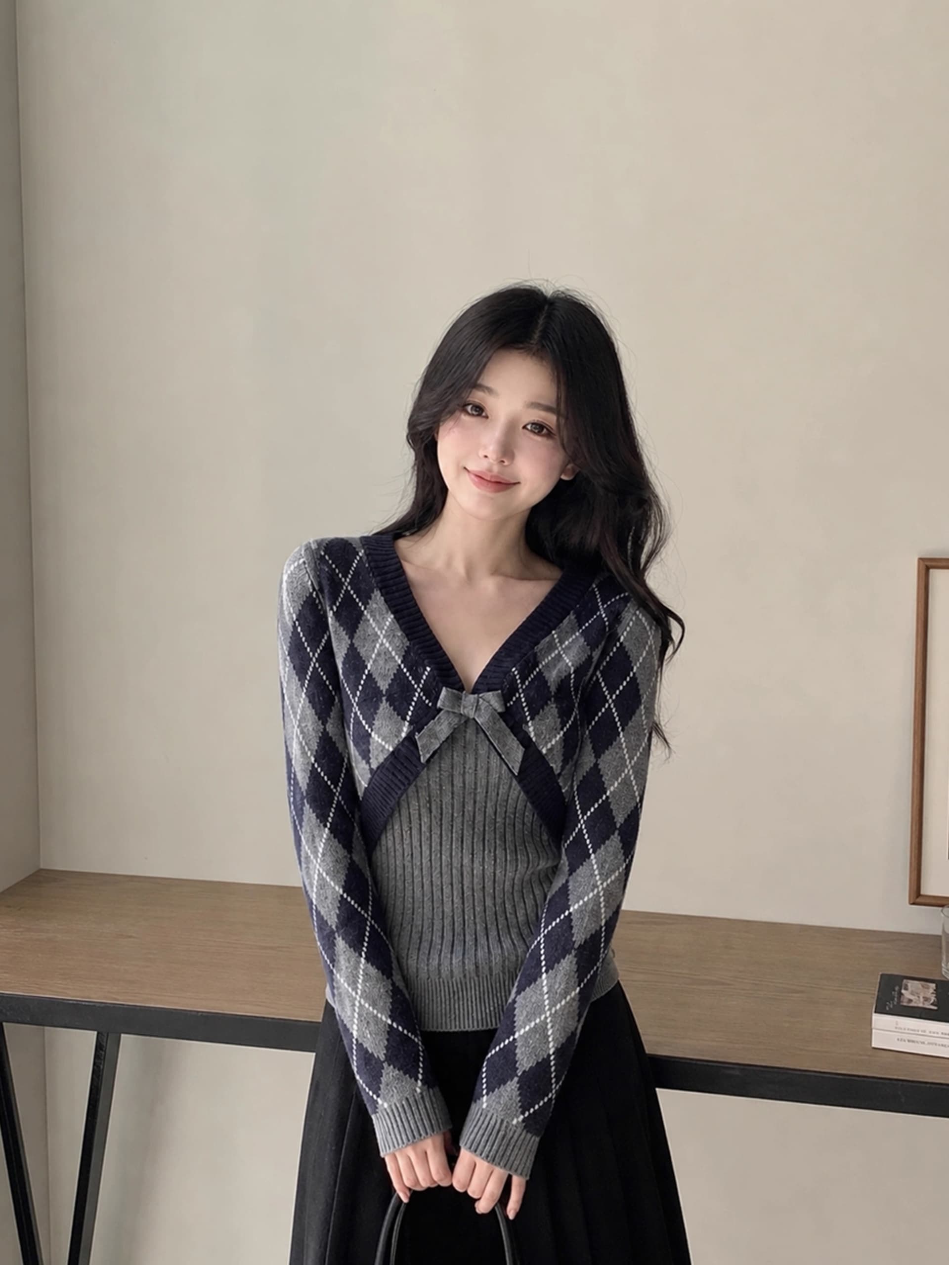 있음 도착 새로운 투피스 세트 회색 V넥 링 그리드 스웨터 가을 겨울 소녀 고급 품격 맨위 다용도 상세 이미지 1