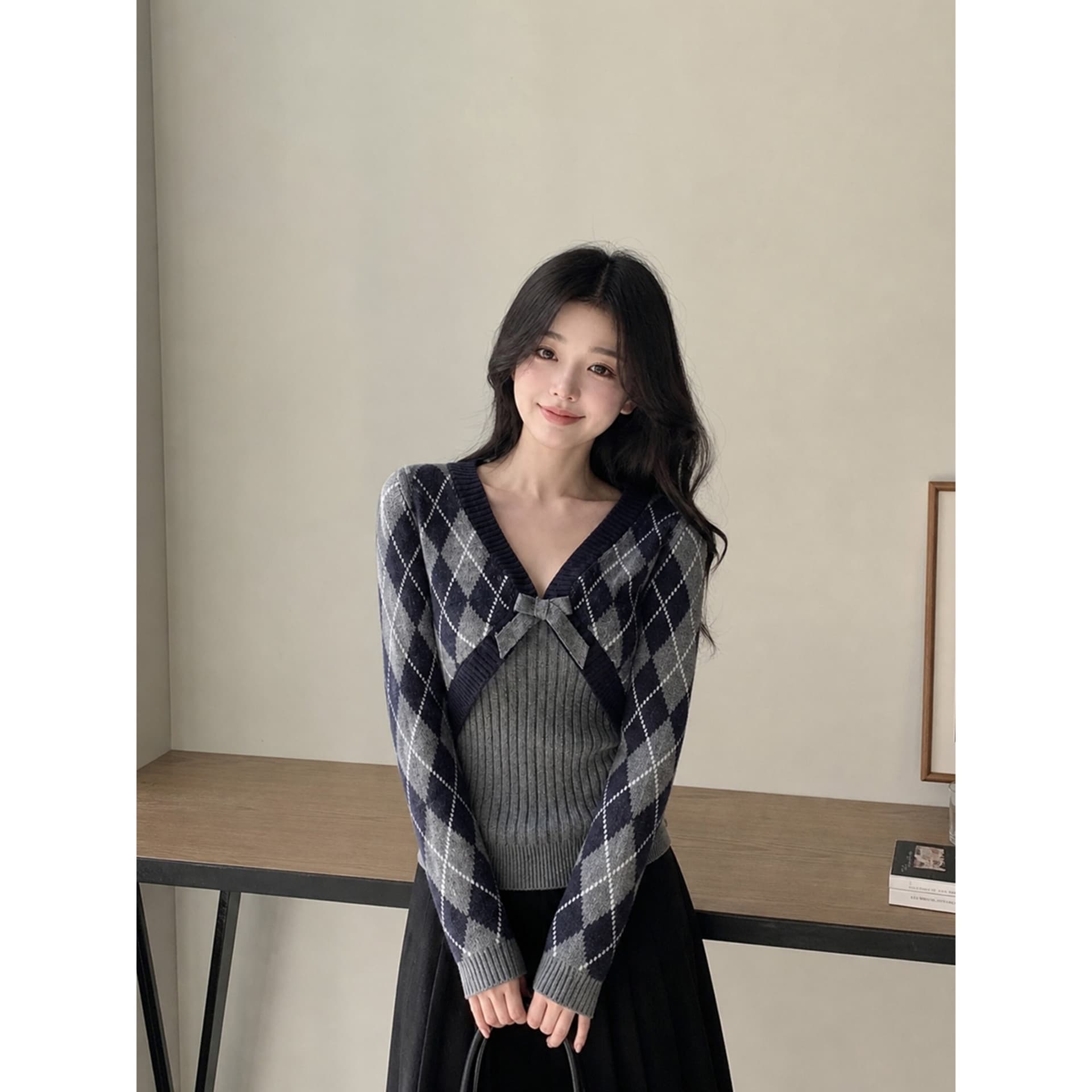 있음 도착 새로운 투피스 세트 회색 V넥 링 그리드 스웨터 가을 겨울 소녀 고급 품격 맨위 다용도 상세 이미지 6