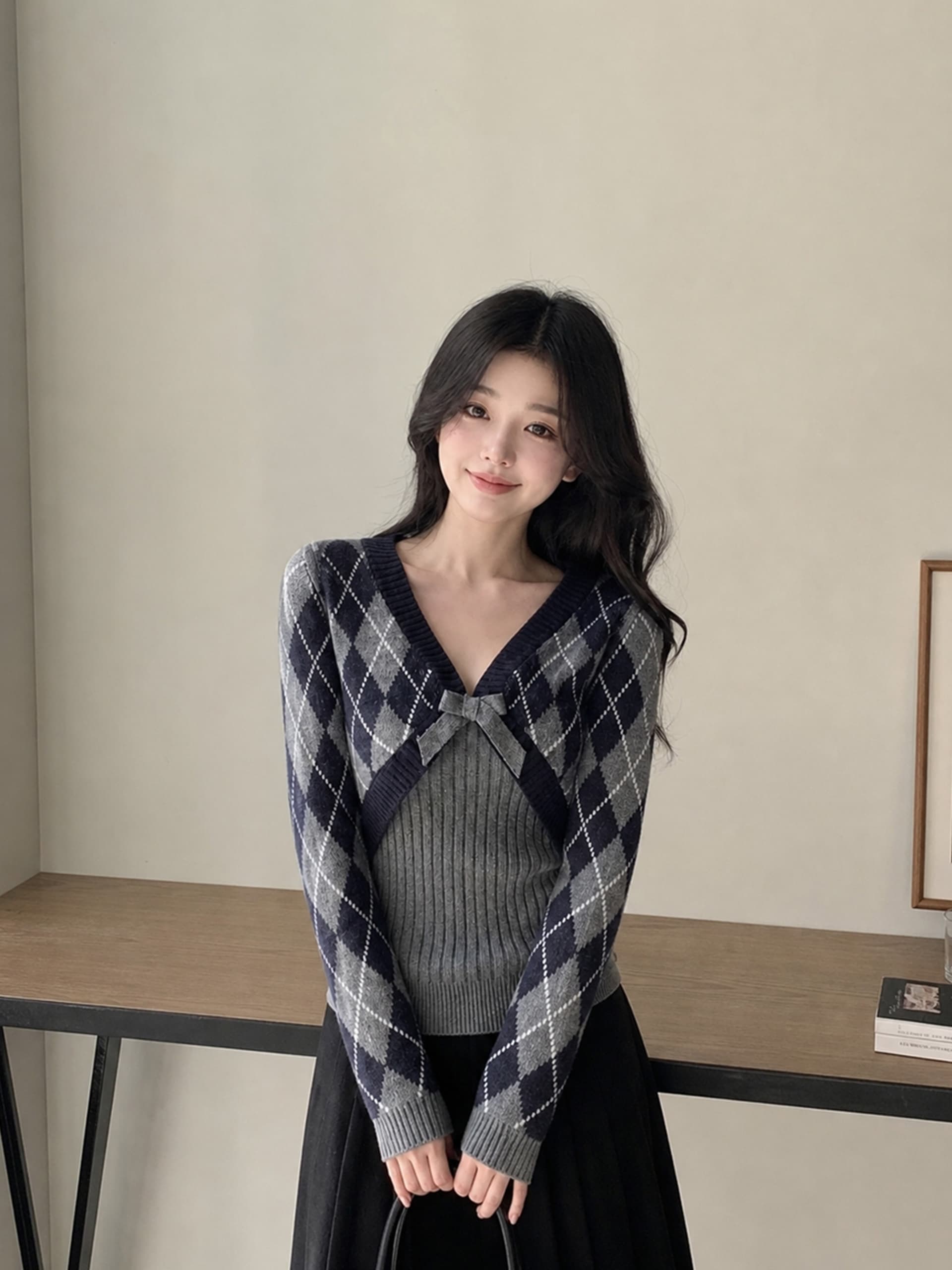 있음 도착 새로운 투피스 세트 회색 V넥 링 그리드 스웨터 가을 겨울 소녀 고급 품격 맨위 다용도 상세 이미지 8