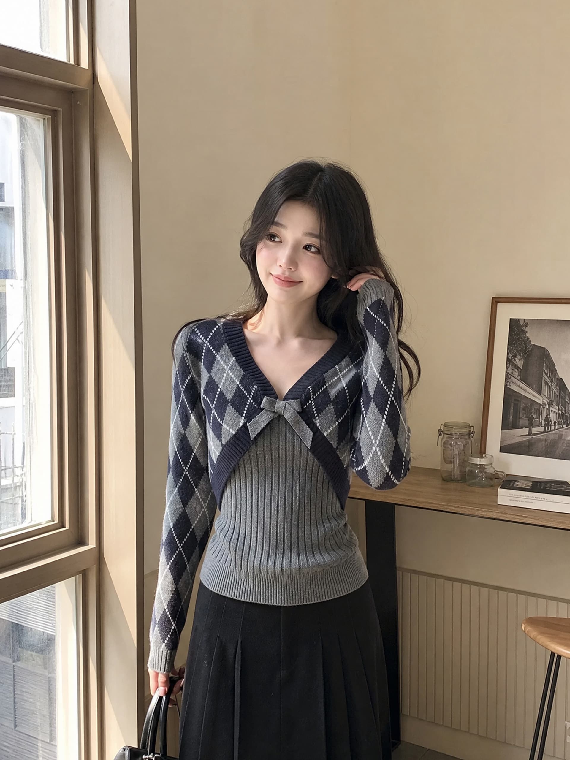 있음 도착 새로운 투피스 세트 회색 V넥 링 그리드 스웨터 가을 겨울 소녀 고급 품격 맨위 다용도 상세 이미지 10