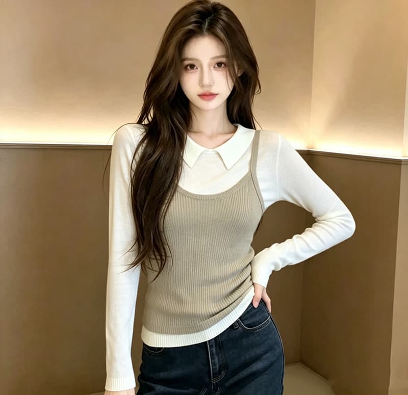 있음 도착 이른 가을 한 부서 레트로 투피스 세트 니트 스웨터 캐미솔 세트 여성 상세 이미지 6