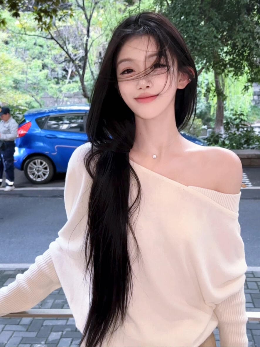 있음 도착 느긋한 바람 보트넥 오프숄더 스웨터 여자 디자인 센스 한 부서 루즈핏 비스듬한 어깨 니트 스웨터 맨위 상세 이미지 7