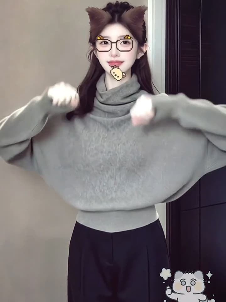 있음 도착 회색 반하이넥 배트윙 소매 풀오버 스웨터 여자 가을 디자인 센스 루즈핏 맨위 이미지 5