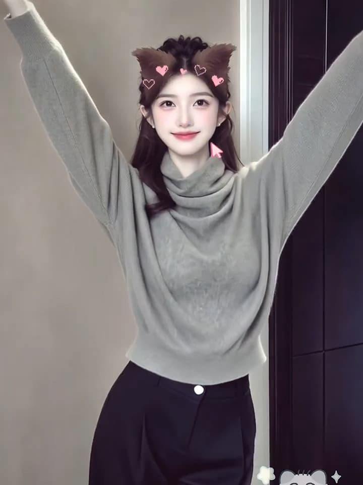 있음 도착 회색 반하이넥 배트윙 소매 풀오버 스웨터 여자 가을 디자인 센스 루즈핏 맨위 상세 이미지 9