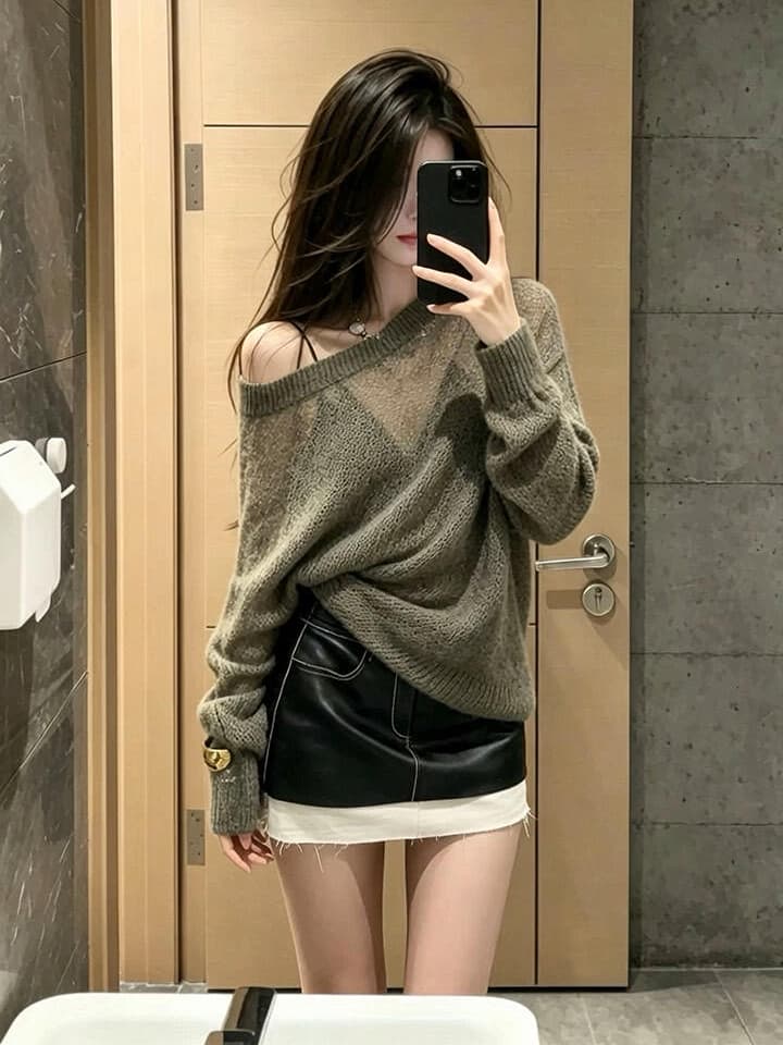 있음 도착 바람 느긋한 느슨함 센스 비스듬한 어깨 홀로우 아웃 디자인 루즈핏 다용도 니트 긴 소매 블라우스 오프숄더 풀오버 상세 이미지 5