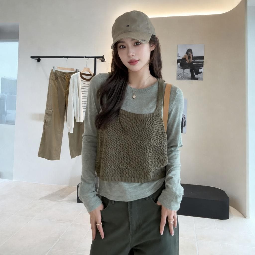 있음 도착 한 부서 홀로우 아웃 니트 슬립 단색 분위기 센스 풀오버 셔츠 다용도 스택 착용 투피스 세트 상세 이미지 7