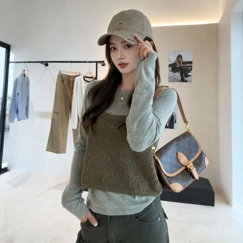 있음 도착 한 부서 홀로우 아웃 니트 슬립 단색 분위기 센스 풀오버 셔츠 다용도 스택 착용 투피스 세트 상세 이미지 8