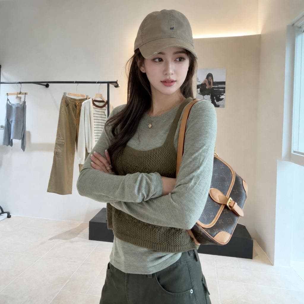 있음 도착 한 부서 홀로우 아웃 니트 슬립 단색 분위기 센스 풀오버 셔츠 다용도 스택 착용 투피스 세트 상세 이미지 9