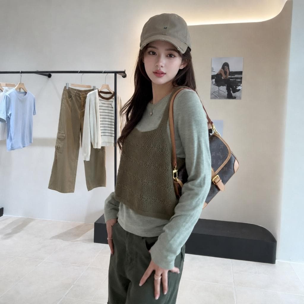 있음 도착 한 부서 홀로우 아웃 니트 슬립 단색 분위기 센스 풀오버 셔츠 다용도 스택 착용 투피스 세트 상세 이미지 10