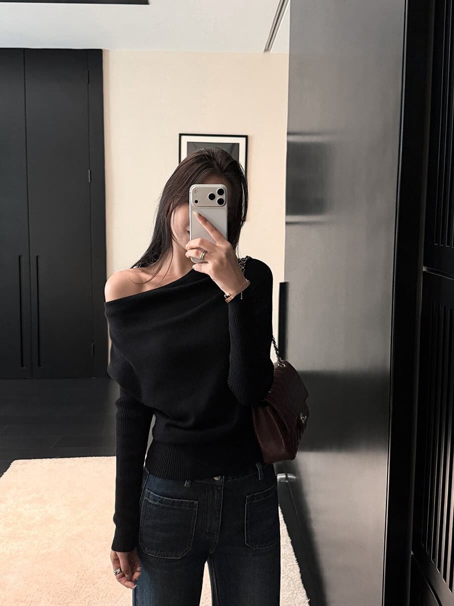 있음 도착 부드러운 지능 자매 오프숄더 비스듬한 어깨 흔들다 칼라 기타 착용 법 풀오버 느긋한 슬림해 보이는 니트 스웨터 상세 이미지 4