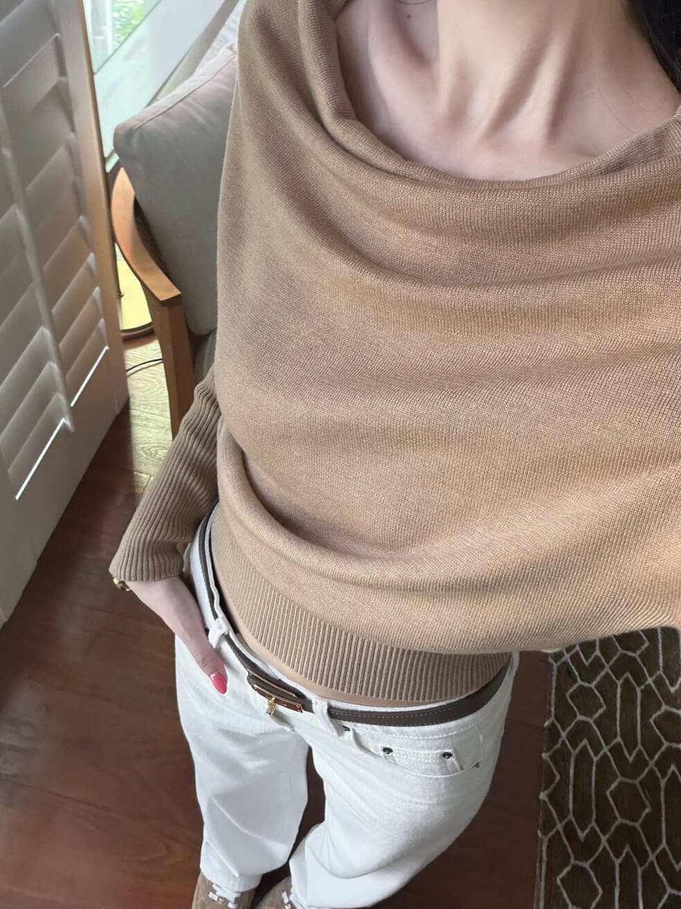 있음 도착 부드러운 지능 자매 오프숄더 비스듬한 어깨 흔들다 칼라 기타 착용 법 풀오버 느긋한 슬림해 보이는 니트 스웨터 상세 이미지 7