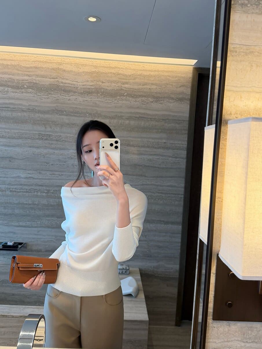 있음 도착 부드러운 지능 자매 오프숄더 비스듬한 어깨 흔들다 칼라 기타 착용 법 풀오버 느긋한 슬림해 보이는 니트 스웨터 상세 이미지 17