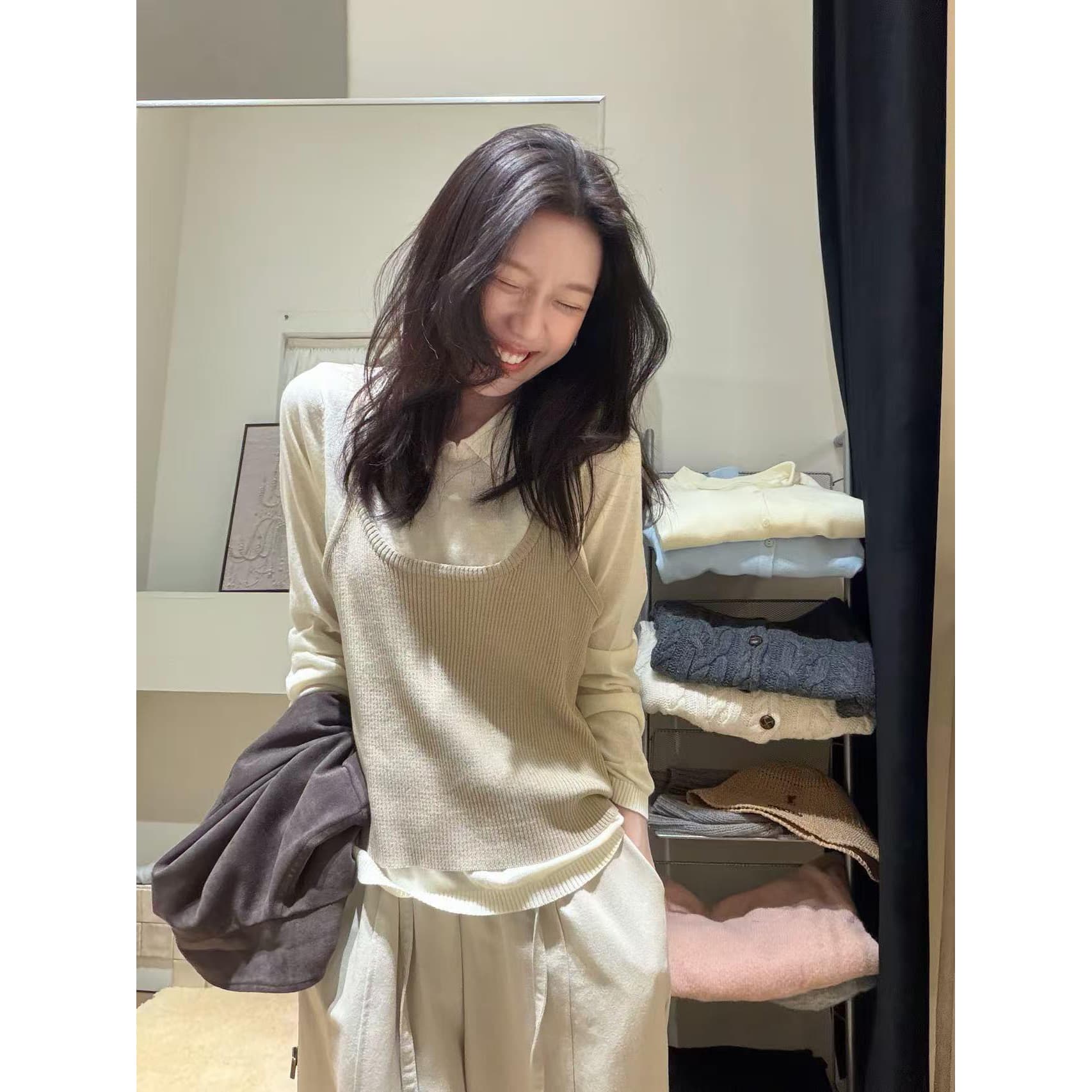 있음 도착 이른 가을 한 부서 레트로 투피스 세트 니트 스웨터 캐미솔 세트 여성 상세 이미지 1