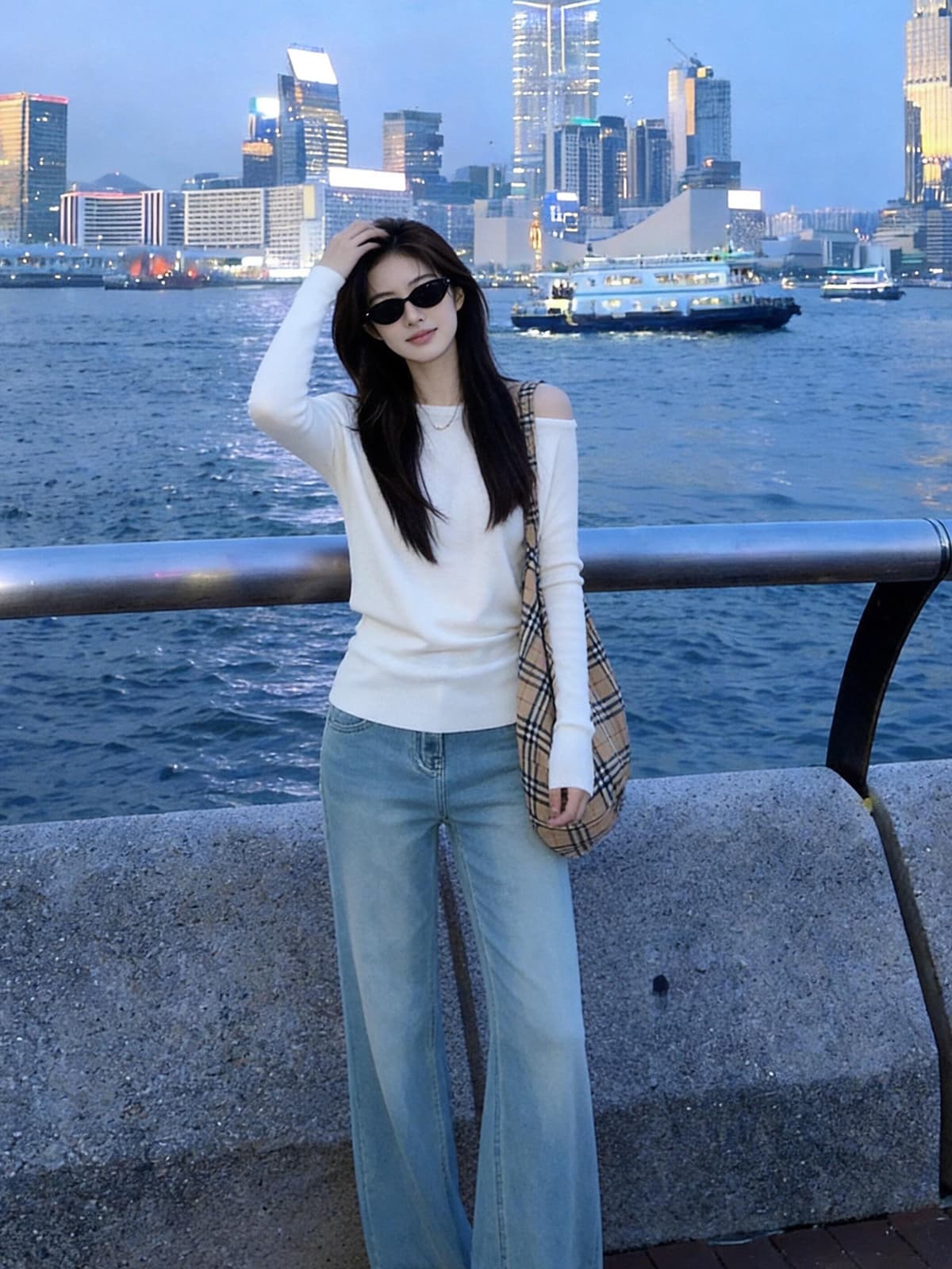 있음 도착 부드러운 지능 자매 오프숄더 비스듬한 어깨 흔들다 칼라 기타 착용 법 풀오버 느긋한 슬림해 보이는 니트 스웨터 이미지 3