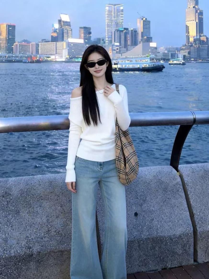 있음 도착 부드러운 지능 자매 오프숄더 비스듬한 어깨 흔들다 칼라 기타 착용 법 풀오버 느긋한 슬림해 보이는 니트 스웨터 상세 이미지 1