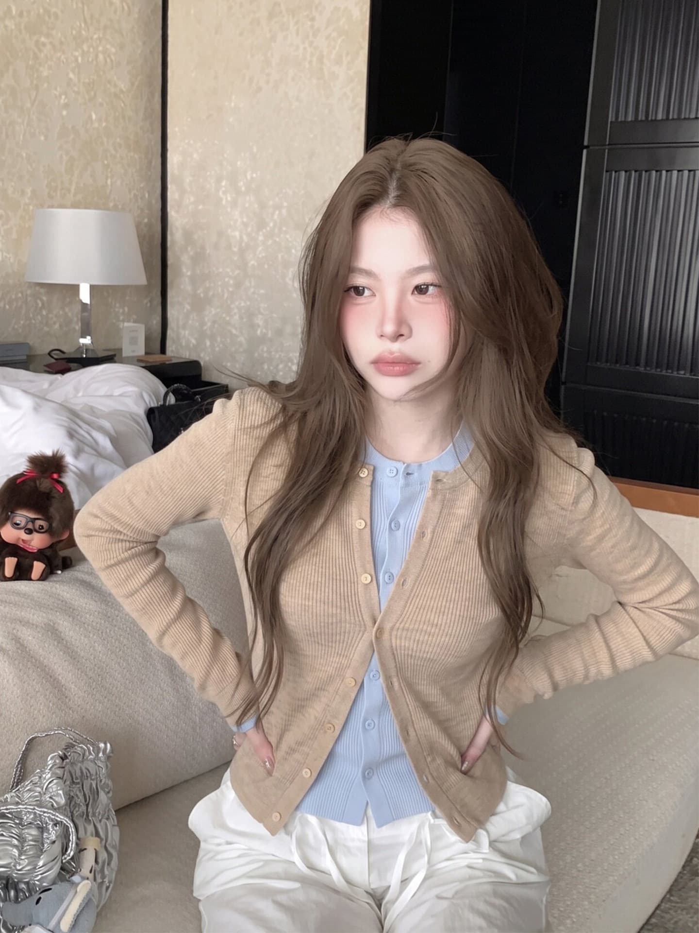 있음 도착 한 부서 계층의 감각 몸매 가꾸기 맨위 여성 페이크 레이어드 패치워크 색상 양모 니트 오픈 가디건 상세 이미지 1