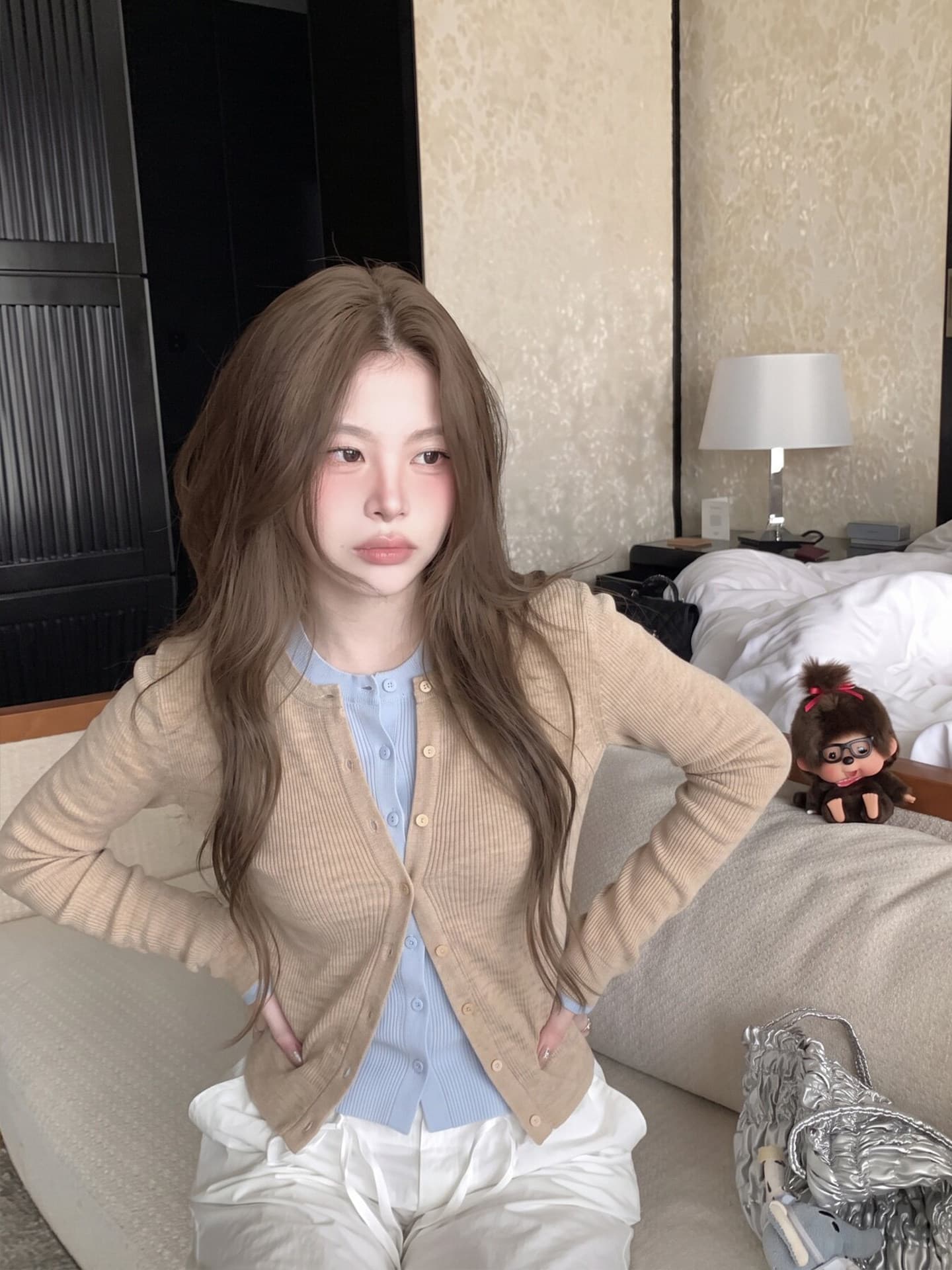 있음 도착 한 부서 계층의 감각 몸매 가꾸기 맨위 여성 페이크 레이어드 패치워크 색상 양모 니트 오픈 가디건 상세 이미지 3