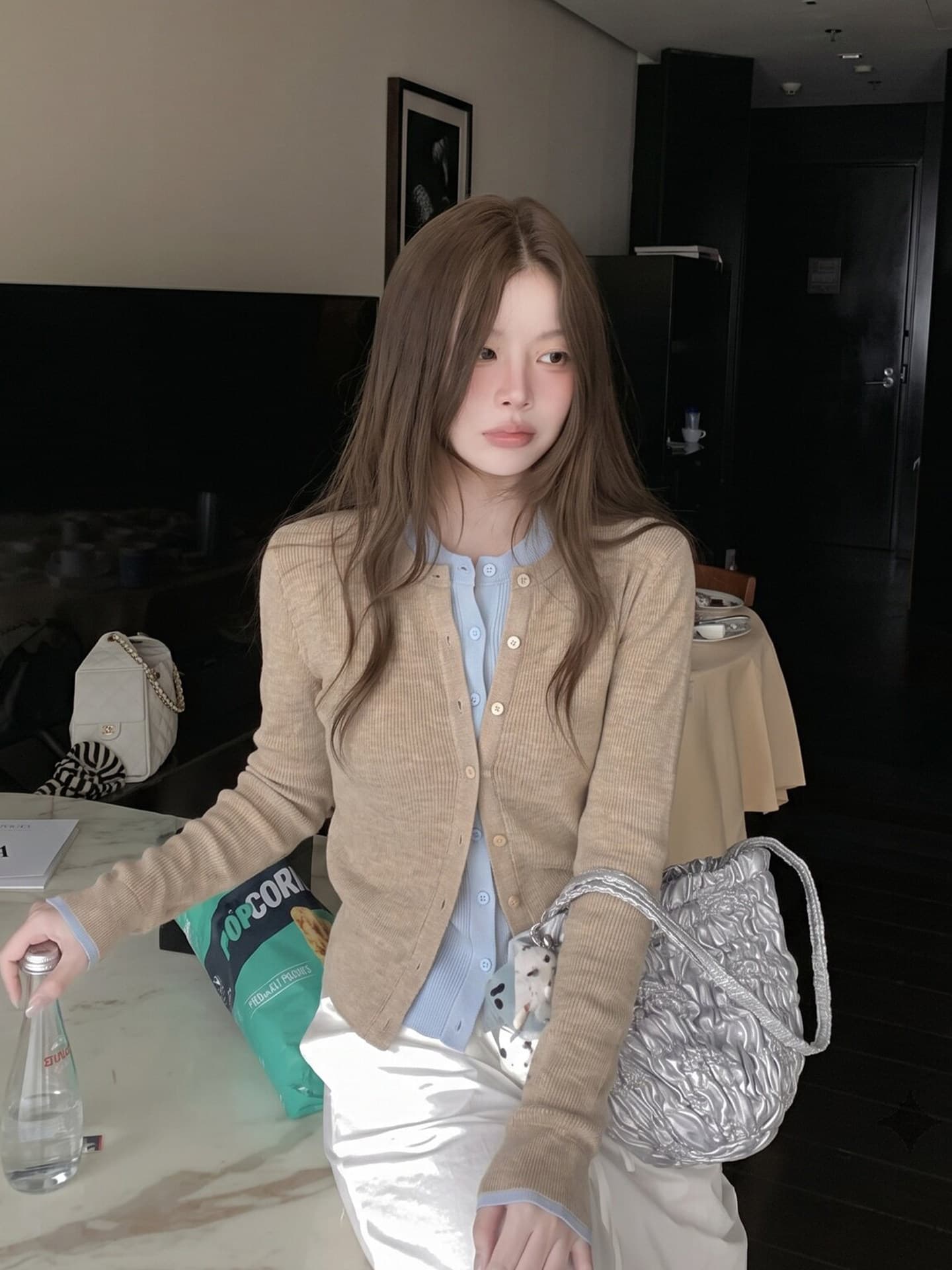 있음 도착 한 부서 계층의 감각 몸매 가꾸기 맨위 여성 페이크 레이어드 패치워크 색상 양모 니트 오픈 가디건 상세 이미지 5