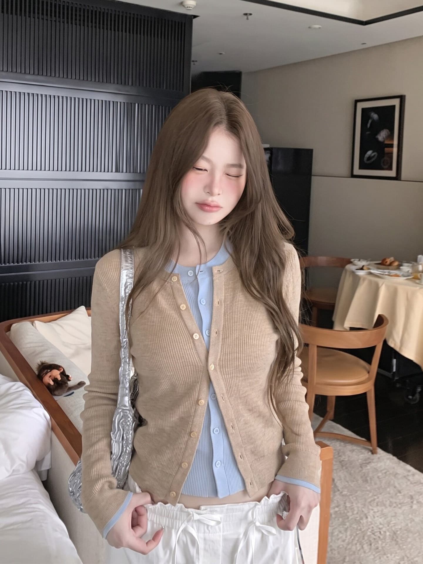 있음 도착 한 부서 계층의 감각 몸매 가꾸기 맨위 여성 페이크 레이어드 패치워크 색상 양모 니트 오픈 가디건 상세 이미지 7