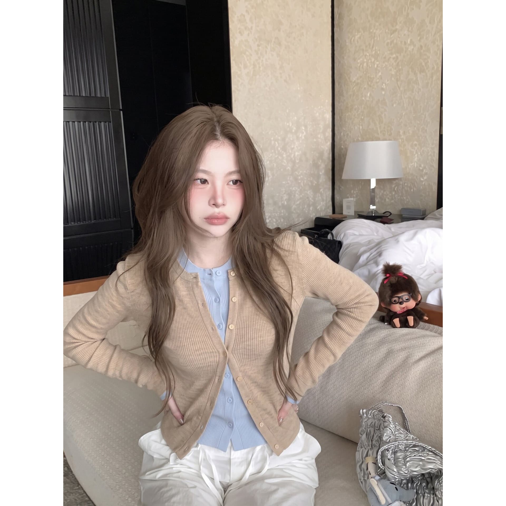 있음 도착 한 부서 계층의 감각 몸매 가꾸기 맨위 여성 페이크 레이어드 패치워크 색상 양모 니트 오픈 가디건 상세 이미지 8