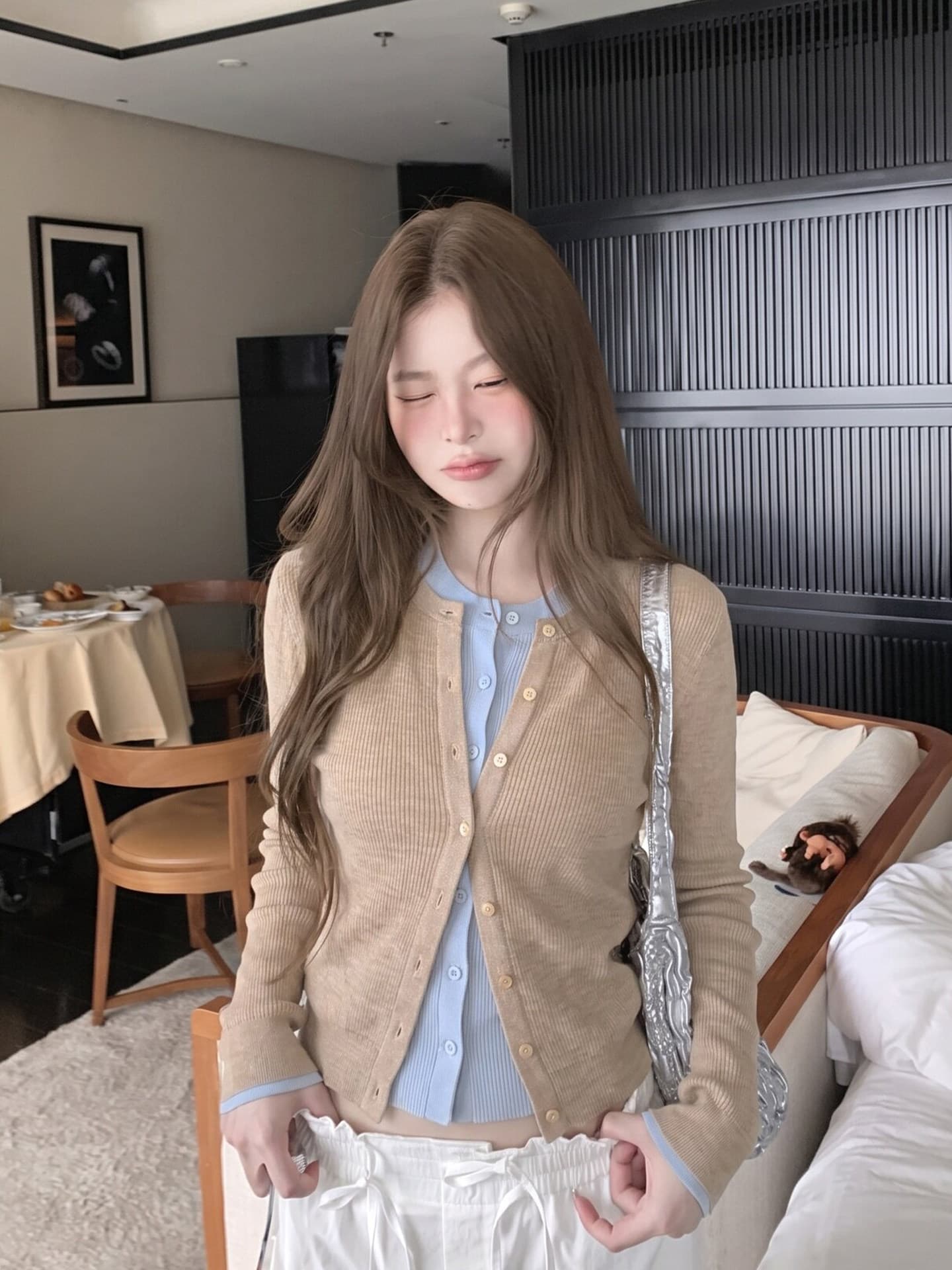 있음 도착 한 부서 계층의 감각 몸매 가꾸기 맨위 여성 페이크 레이어드 패치워크 색상 양모 니트 오픈 가디건 상세 이미지 9