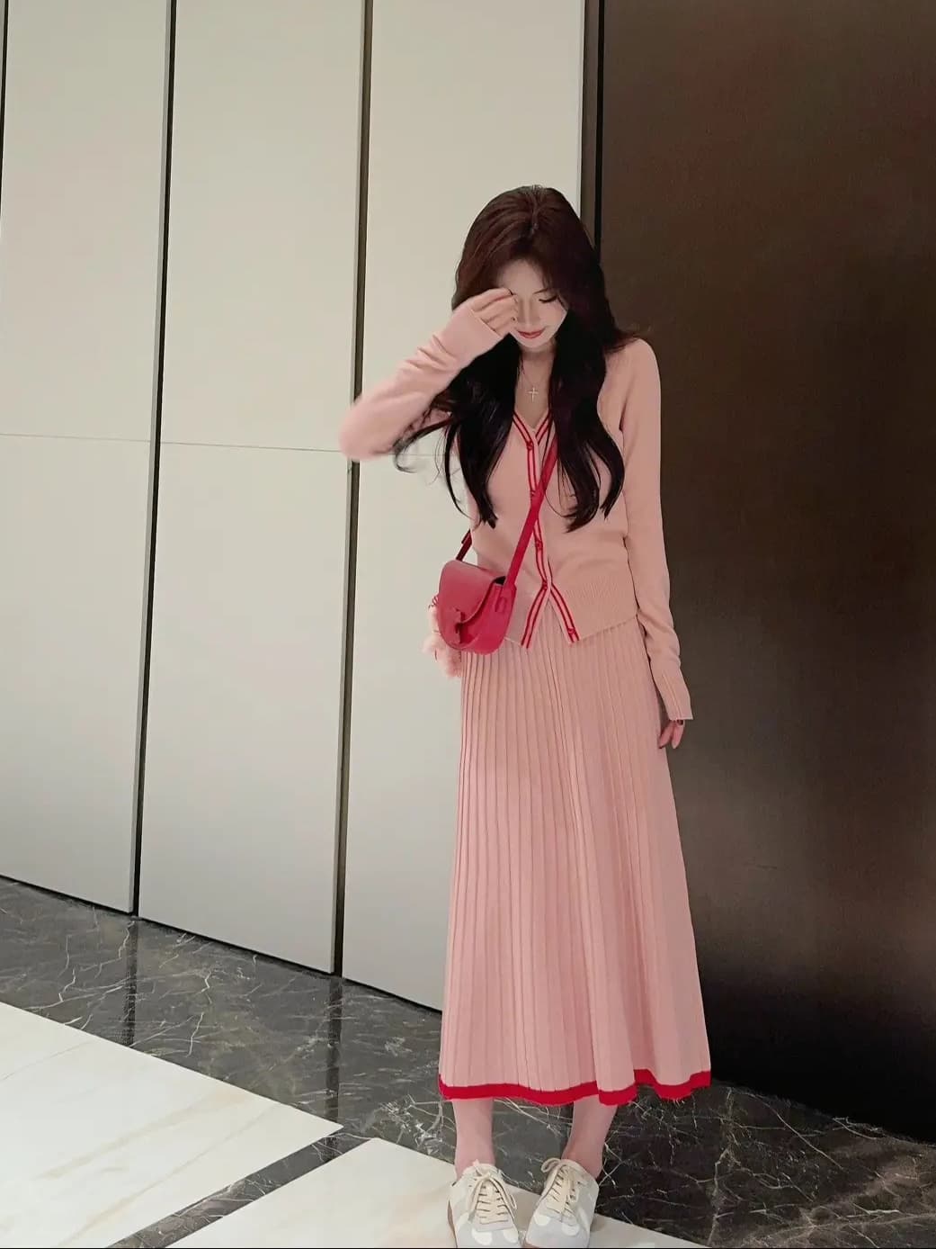 있음 도착 학원 스타일 여성 가을 겨울철 V넥 스웨터 오픈 가디건 하이웨이스트 니트 플리츠 반신 스커트 두 조각 여성 세트