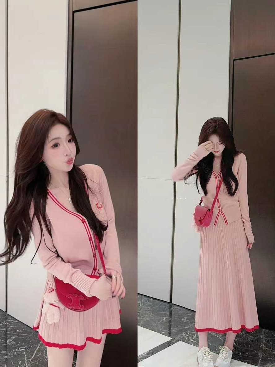 있음 도착 학원 스타일 여성 가을 겨울철 V넥 스웨터 오픈 가디건 하이웨이스트 니트 플리츠 반신 스커트 두 조각 여성 세트 이미지 3