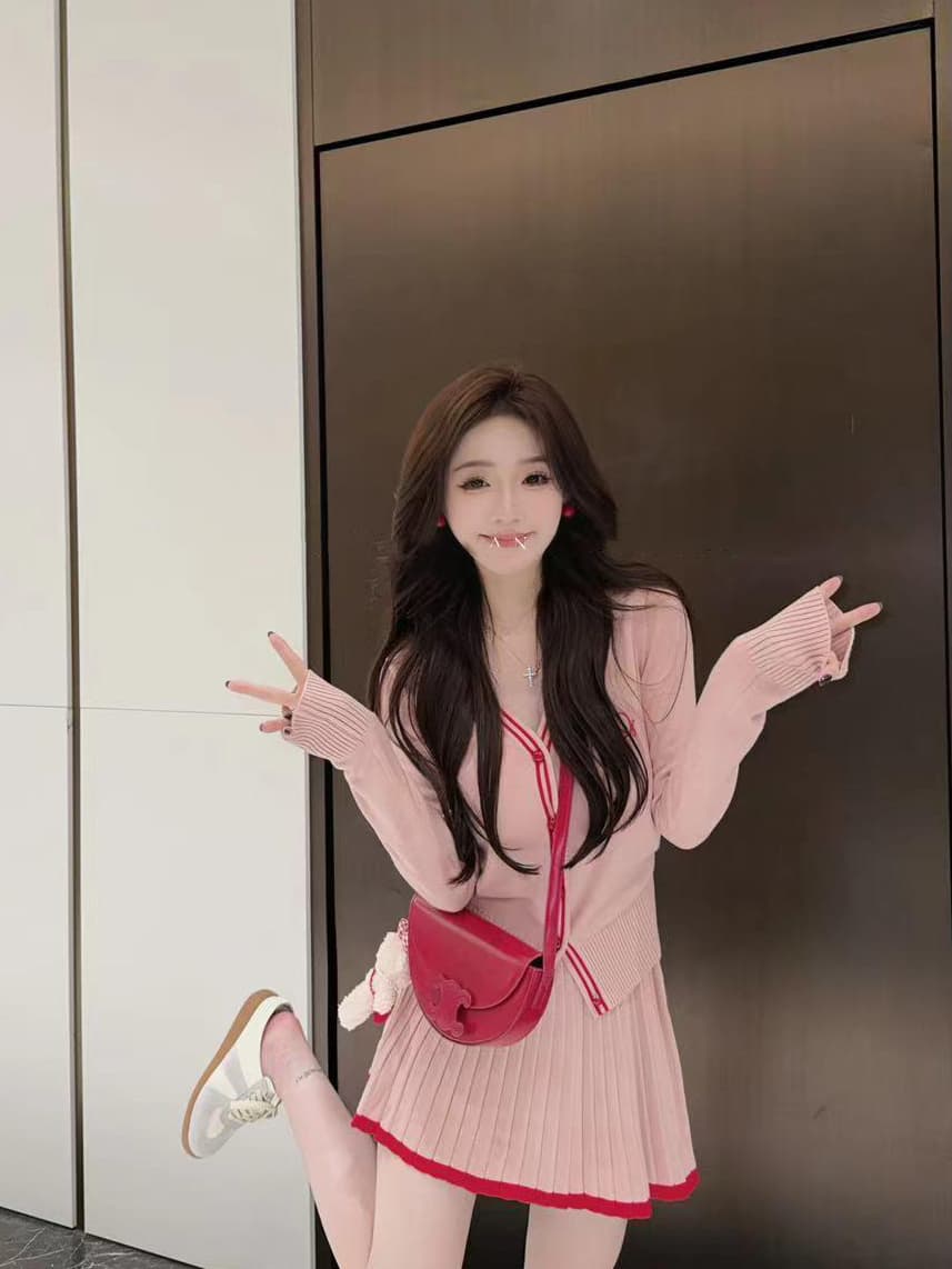 있음 도착 학원 스타일 여성 가을 겨울철 V넥 스웨터 오픈 가디건 하이웨이스트 니트 플리츠 반신 스커트 두 조각 여성 세트 상세 이미지 4