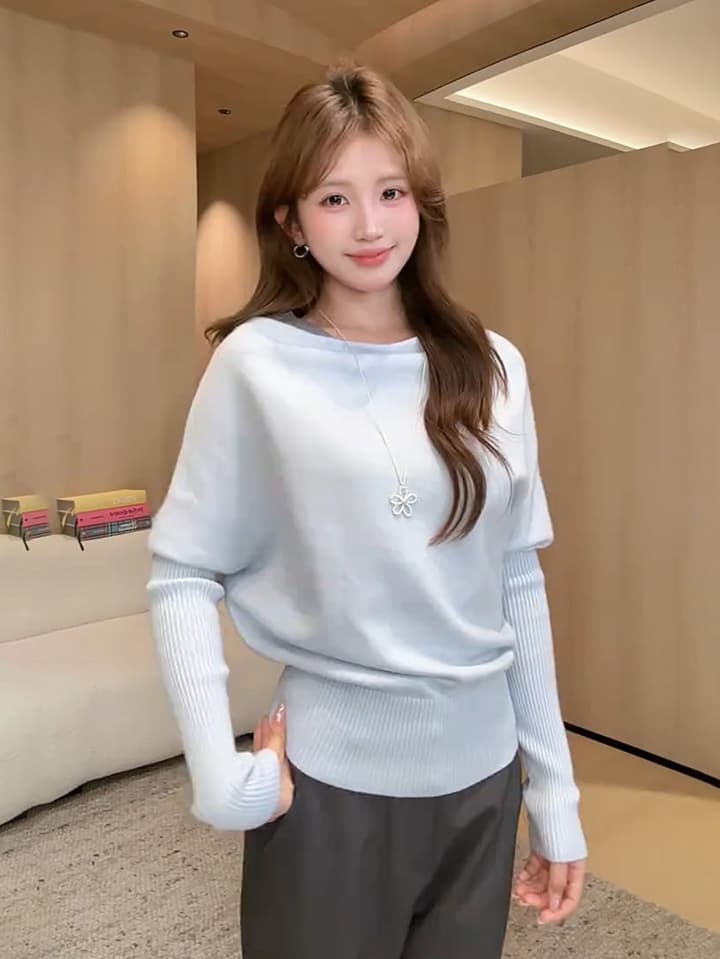 있음 도착 Ouyang 안녕하세요. 작은 하늘색 비스듬한 칼라 밑단 리브 허리 수축 니트 스웨터 박쥐 가을 어깨 의류 여성 상세 이미지 1