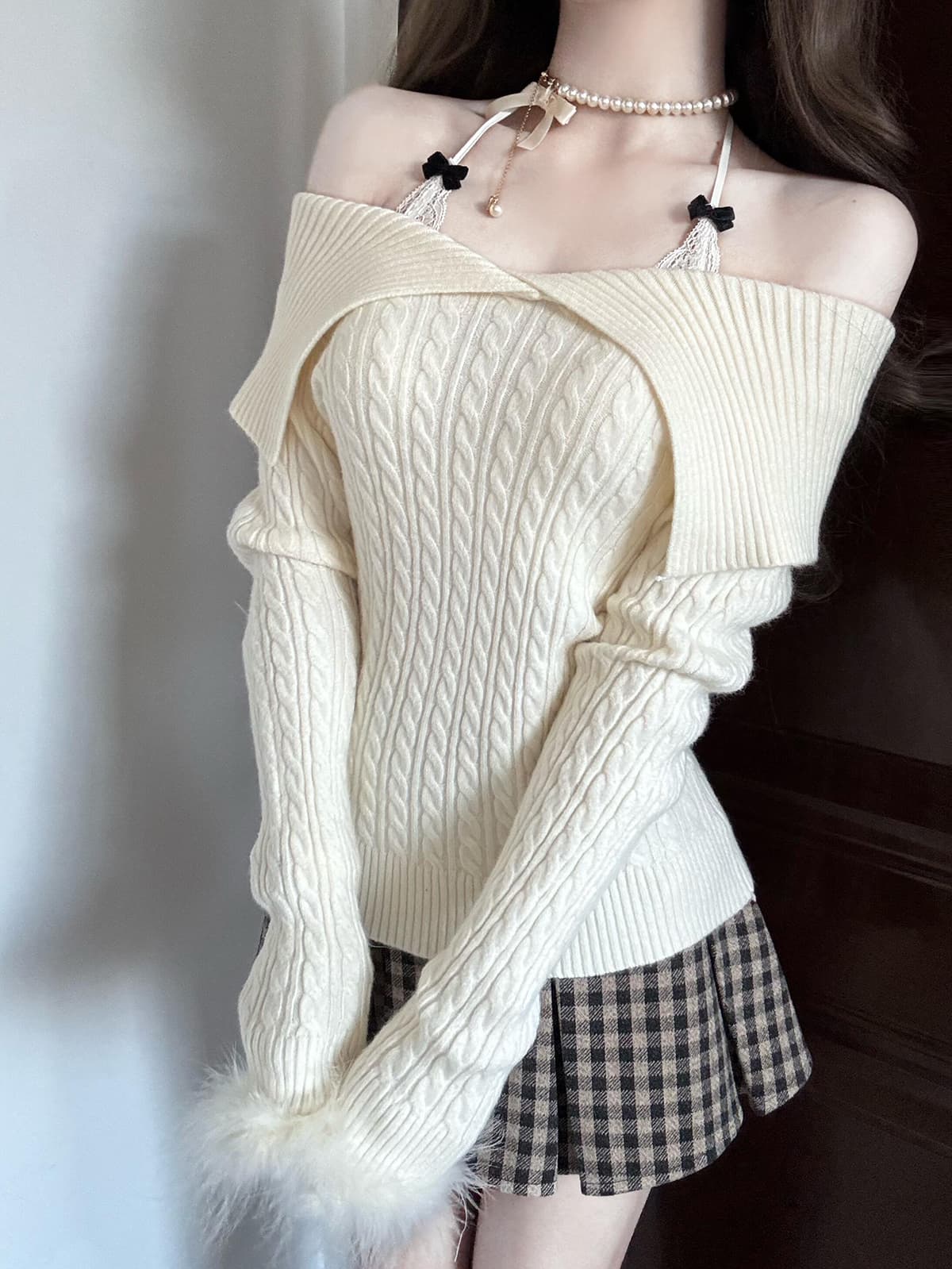 있음 도착 프랑스식 부드러운 여신 데이트 필수 순수한 욕망 다시 우아한 모피 소매 섹션 스웨터 가을 겨울 상세 이미지 1