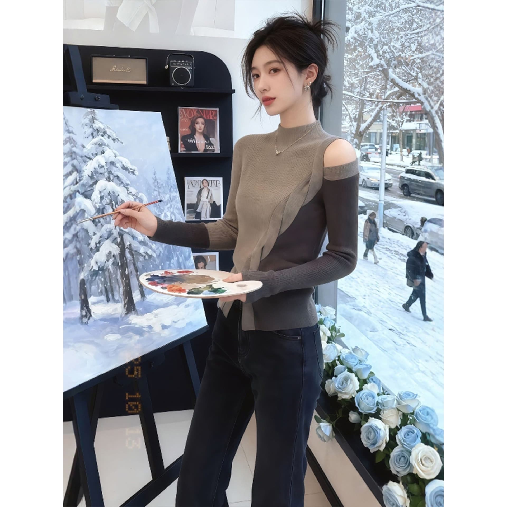 있음 도착 이른 가을 카키 색 반하이넥 불규칙 오프숄더 긴팔 티셔츠 여성 이른 가을 빛 요리 한 작은 대중 가을 겨울 상세 이미지 4