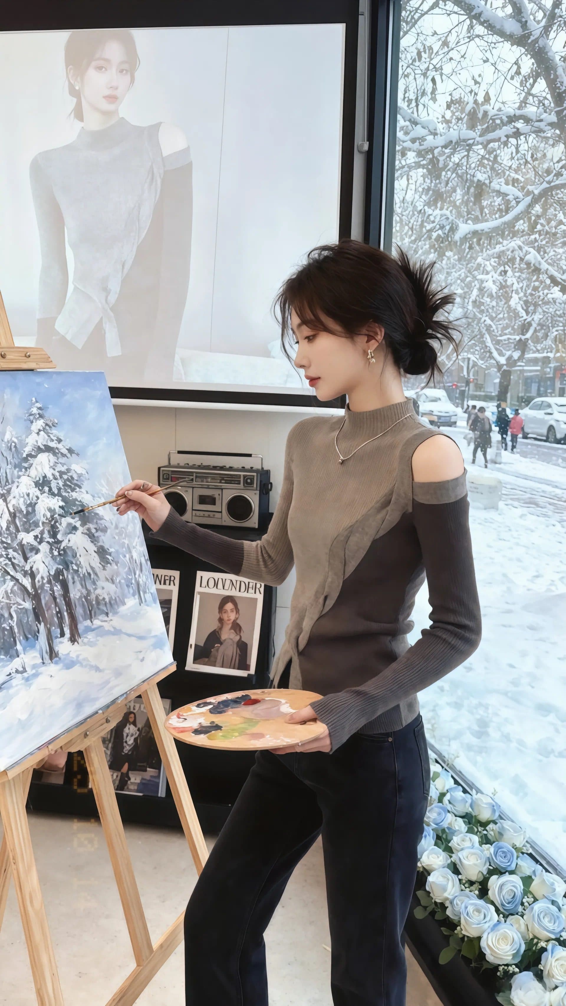 있음 도착 이른 가을 카키 색 반하이넥 불규칙 오프숄더 긴팔 티셔츠 여성 이른 가을 빛 요리 한 작은 대중 가을 겨울 상세 이미지 6