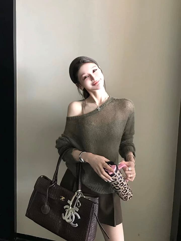 있음 도착 바람 느긋한 느슨함 센스 비스듬한 어깨 홀로우 아웃 디자인 루즈핏 다용도 니트 긴 소매 블라우스 오프숄더 풀오버 상세 이미지 9