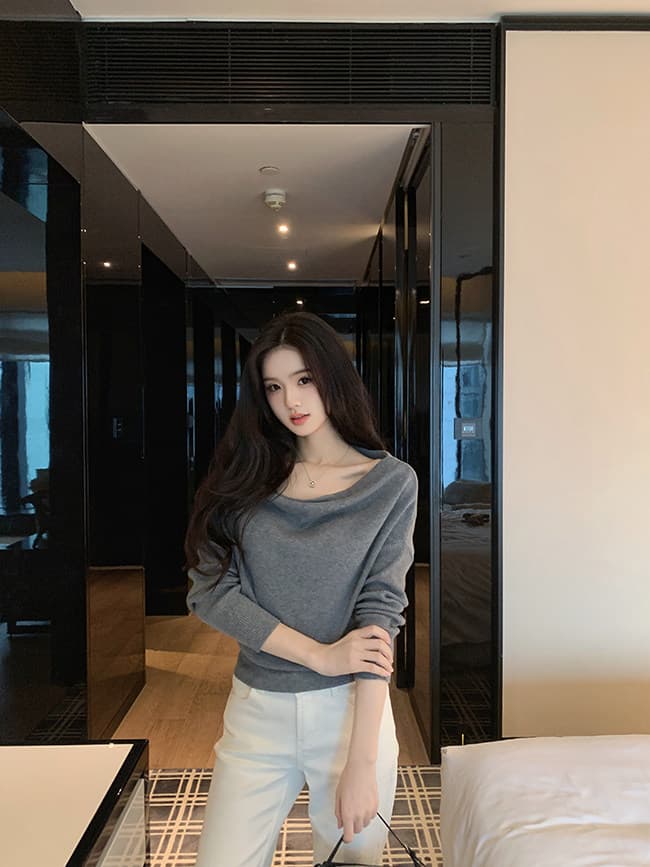있음 도착 famouswang 가을 새로운 쉬 妍 기타 착용 비스듬한 어깨 흔들다 칼라 양모 니트 스웨터 맨위 상세 이미지 14