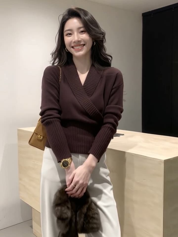 있음 도착 그는 벤 십자가 V넥 스웨터 여자 겨울 디자인 센스 허리 수축 슬림해 보이는 품격 니트 스웨터 맨위 상세 이미지 4