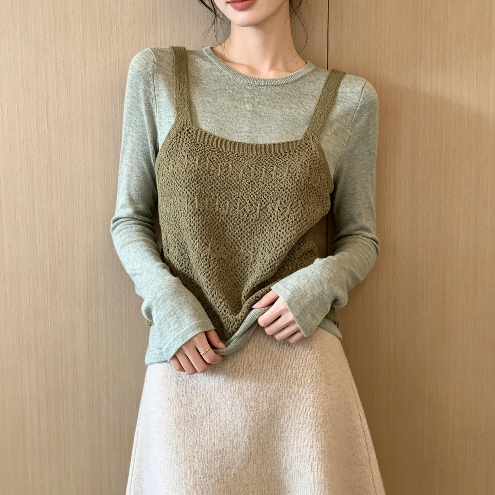 있음 도착 한 부서 홀로우 아웃 니트 슬립 단색 분위기 센스 풀오버 셔츠 다용도 스택 착용 투피스 세트 상세 이미지 1